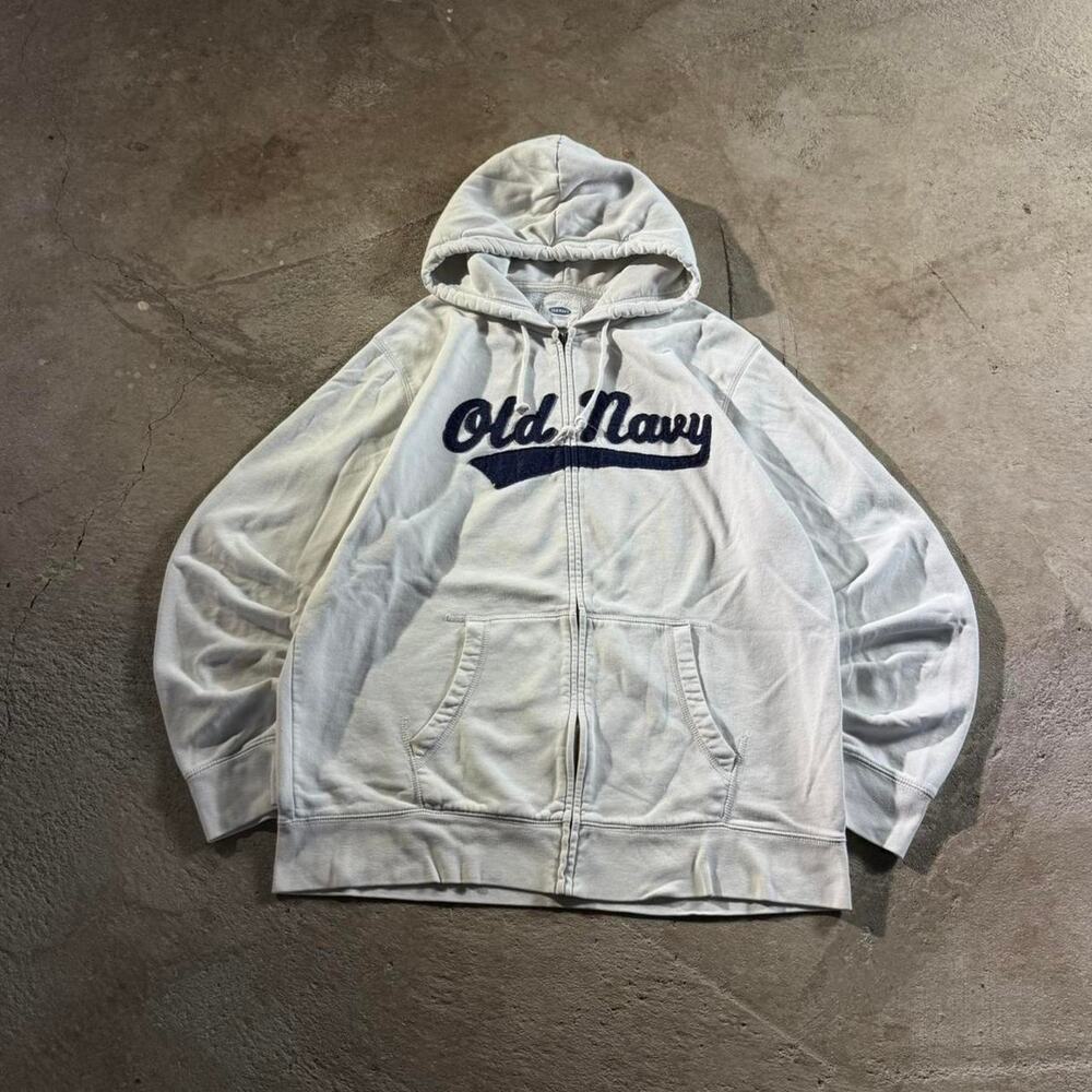 Y2K White Old Navy Embroidered Zip Up Hoodie Sweatshirt
